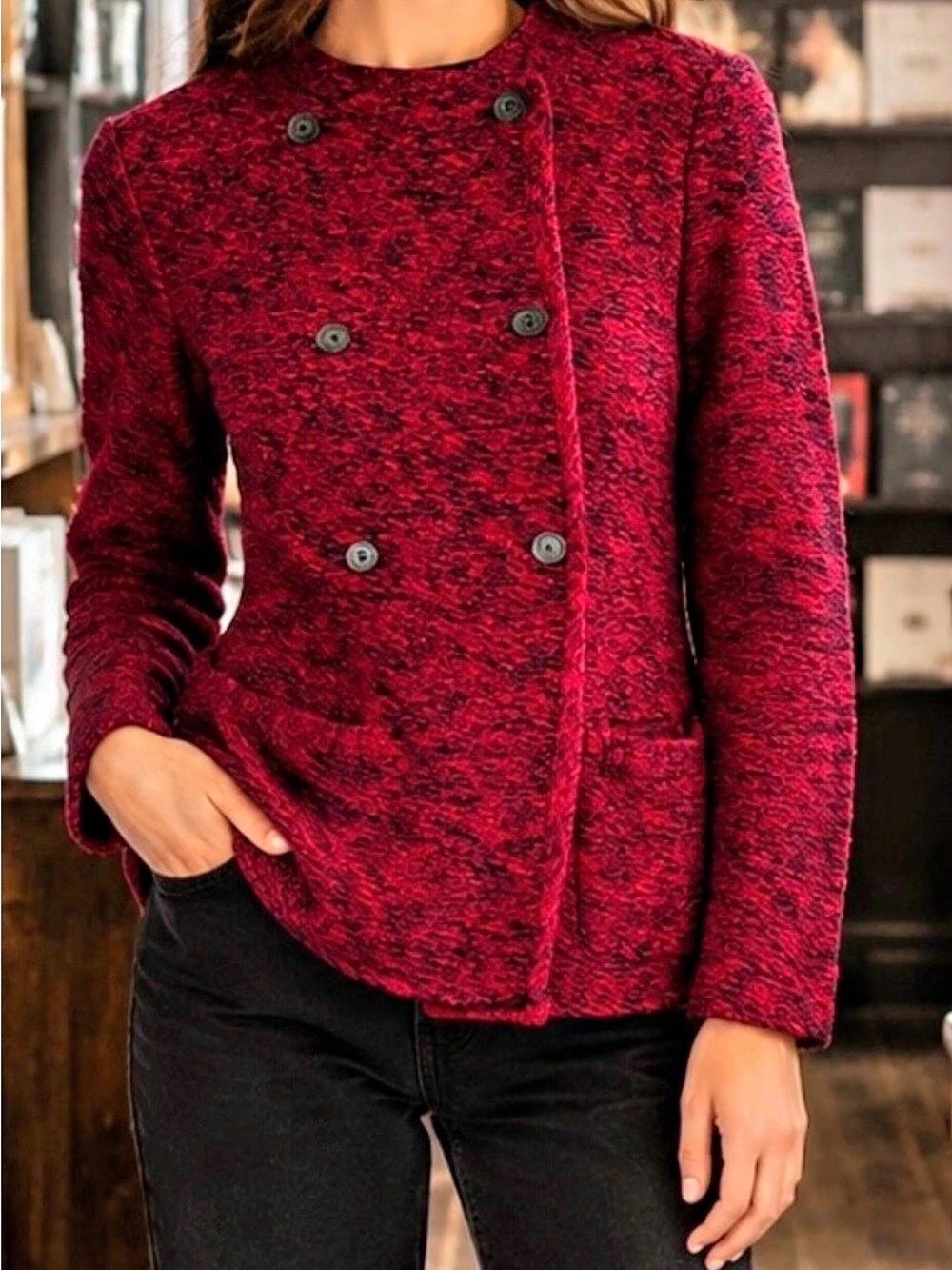 Lucky Brand Double Breasted Marled Knit Sweater Jacket Red